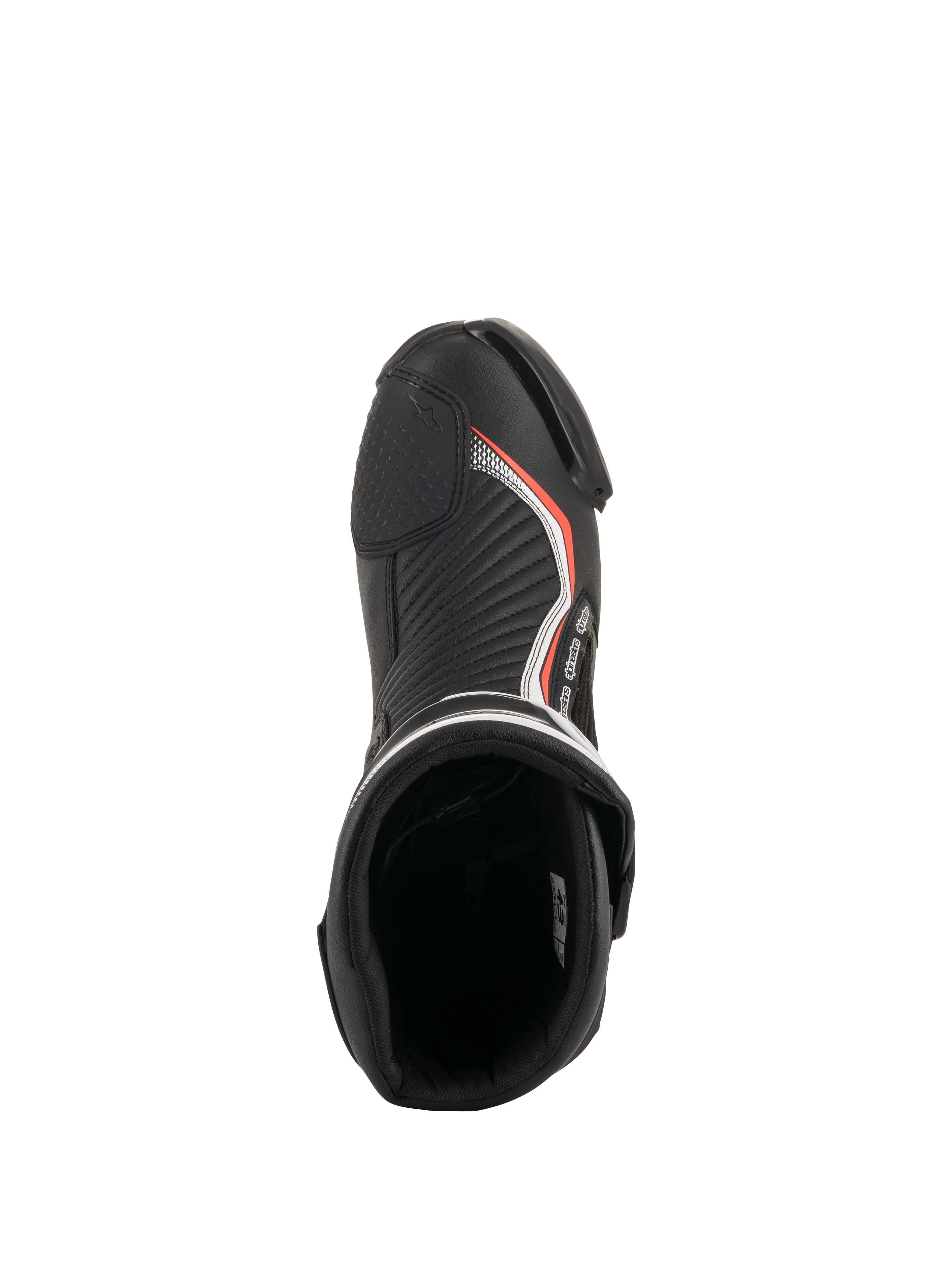 Alpinestars SMX Plus V2, bottes de moto racing noires et rouge fluo, vue de dessus de l'intérieur rembourré et des orteils.