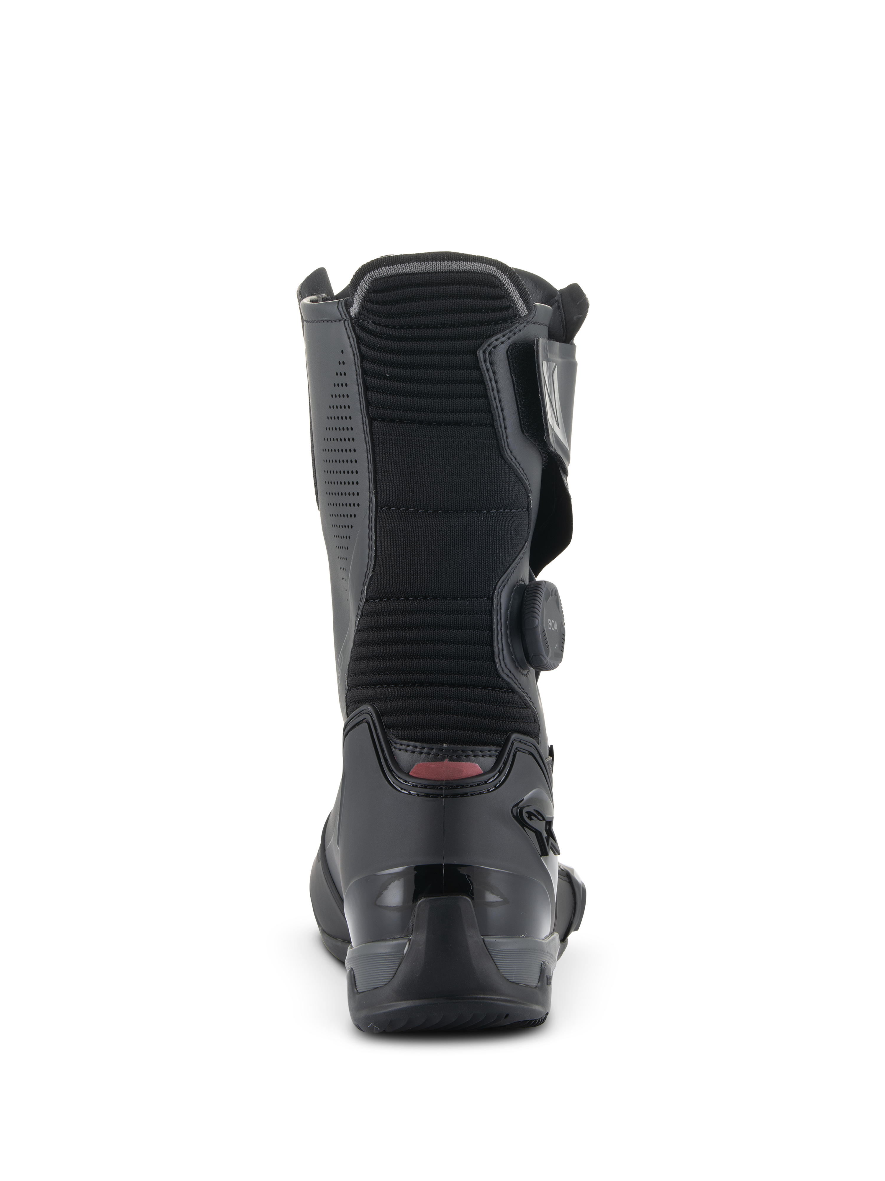 Alpinestars SP-X BOA Boots, Mid-Height Motorcycle Sport Boots, Black, Rear view highlighting the ribbed accordion flex panel, reinforced TPU heel counter, and side BOA Fit System dial