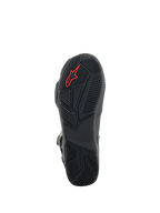 Alpinestars SP-X BOA® Boots, Black motorcycle boots, detailed view of the rubber sole featuring textured grip patterns, red Alpinestars logo, and asymmetric heel design for walking stability.