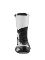 Alpinestars SP-X BOA Boots, front view, Black and Silver, mid-height sport motorcycle boots featuring a white microfiber upper with embossed logo, black mesh center, and protective TPU components