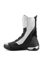 Alpinestars SP-X BOA Boots, mid-height sport motorcycle boots, Black and Silver, sleek side profile featuring silver panels with perforated details, black TPU heel counter, and Alpinestars branding.
