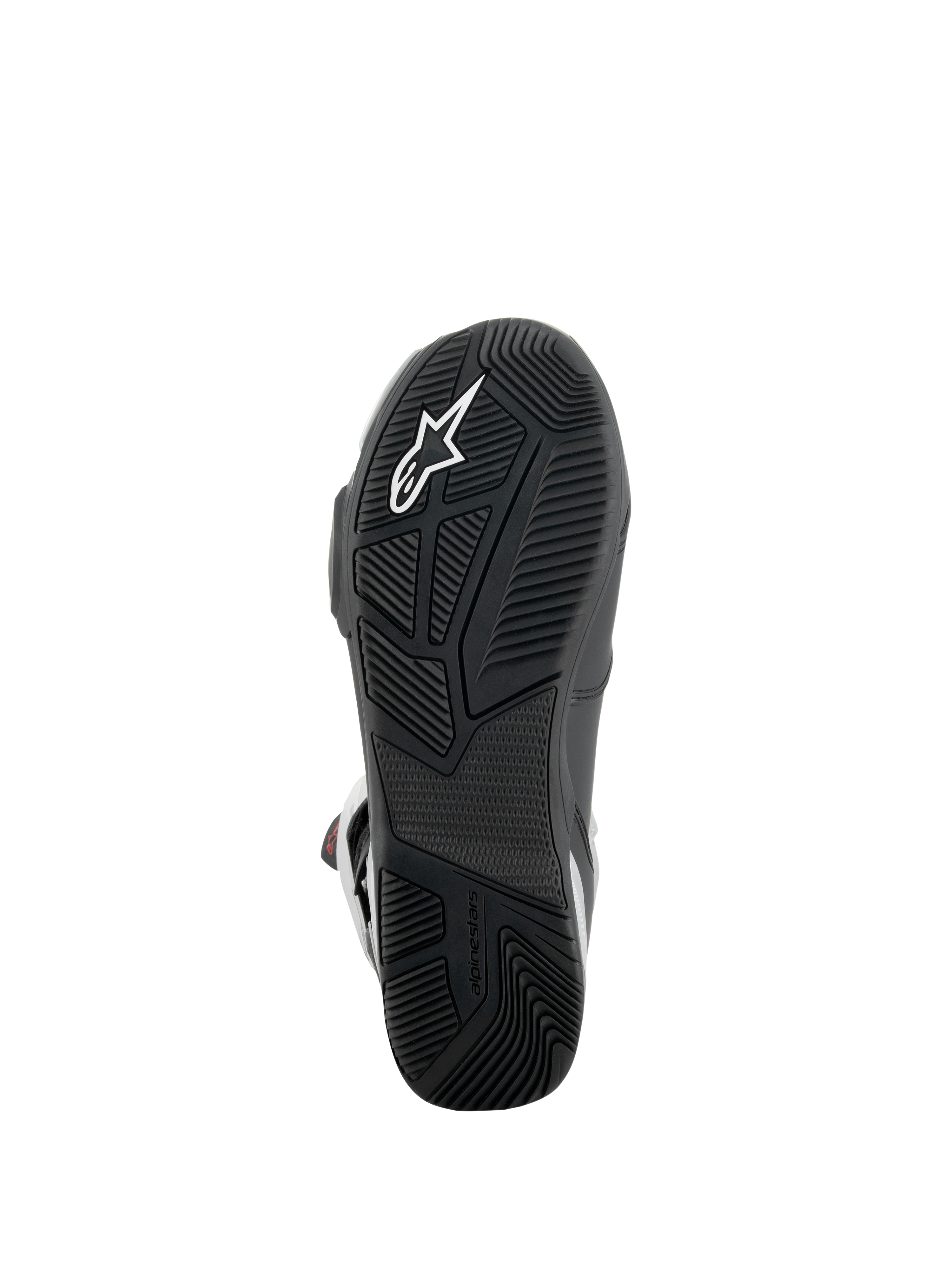 Alpinestars SP-X BOA® Boots, Sole View, Black, featuring textured rubber outsole with white star logo, asymmetric heel design for stability, and specialized tread patterns for peg grip.