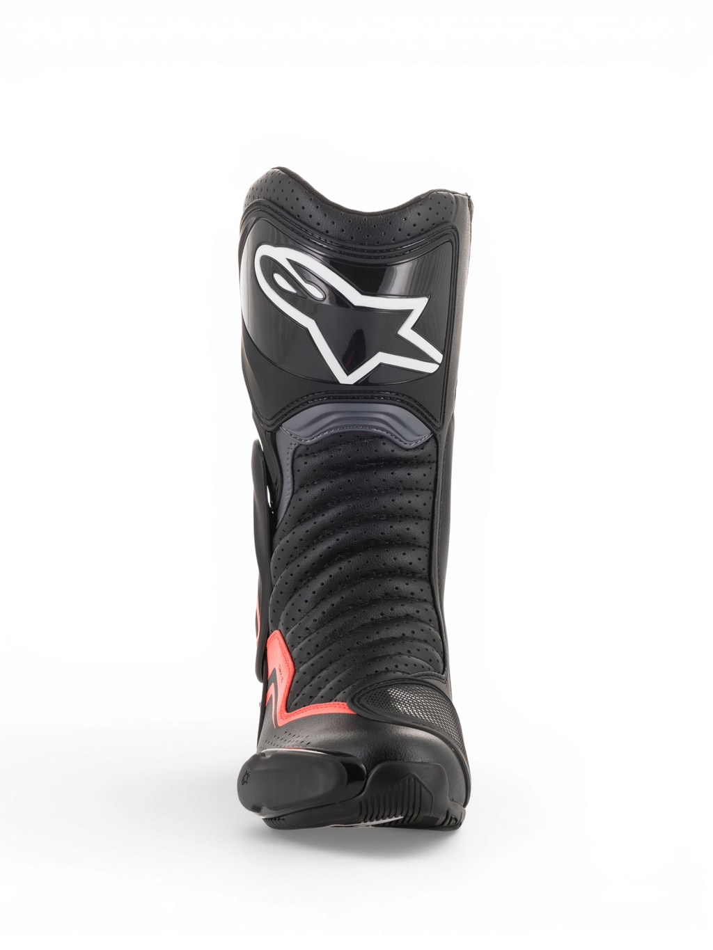 Alpinestars SMX-6 V2 Ventilées, bottes racing de moto noires et grises avec accents rouge fluorescent, vue de face avec tige perforée, protection du tibia et Toe Slider