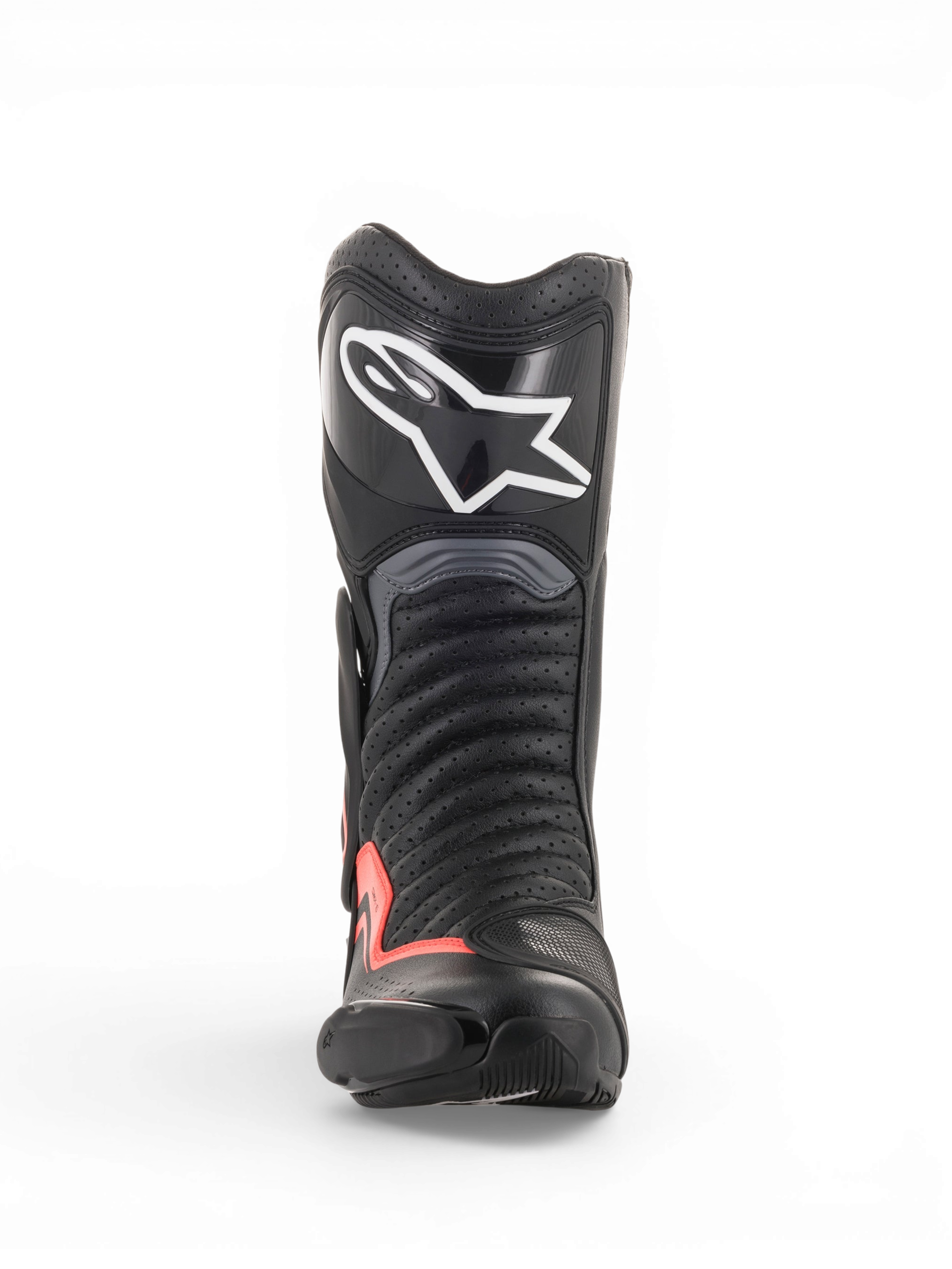 Alpinestars SMX-6 V2 Ventilées, bottes racing de moto noires et grises avec accents rouge fluorescent, vue de face avec tige perforée, protection du tibia et Toe Slider