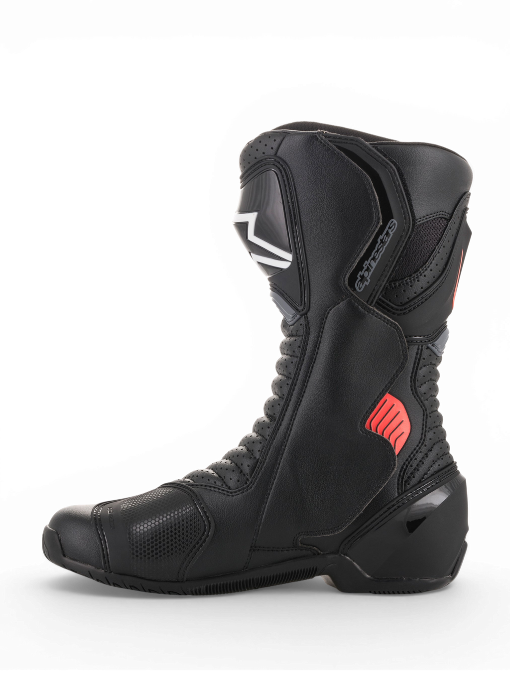 Alpinestars SMX-6 V2 Ventilées, bottes racing de moto noires avec détails gris et rouges fluorescents, panneaux en mesh respirant et protections de cheville et de tibia