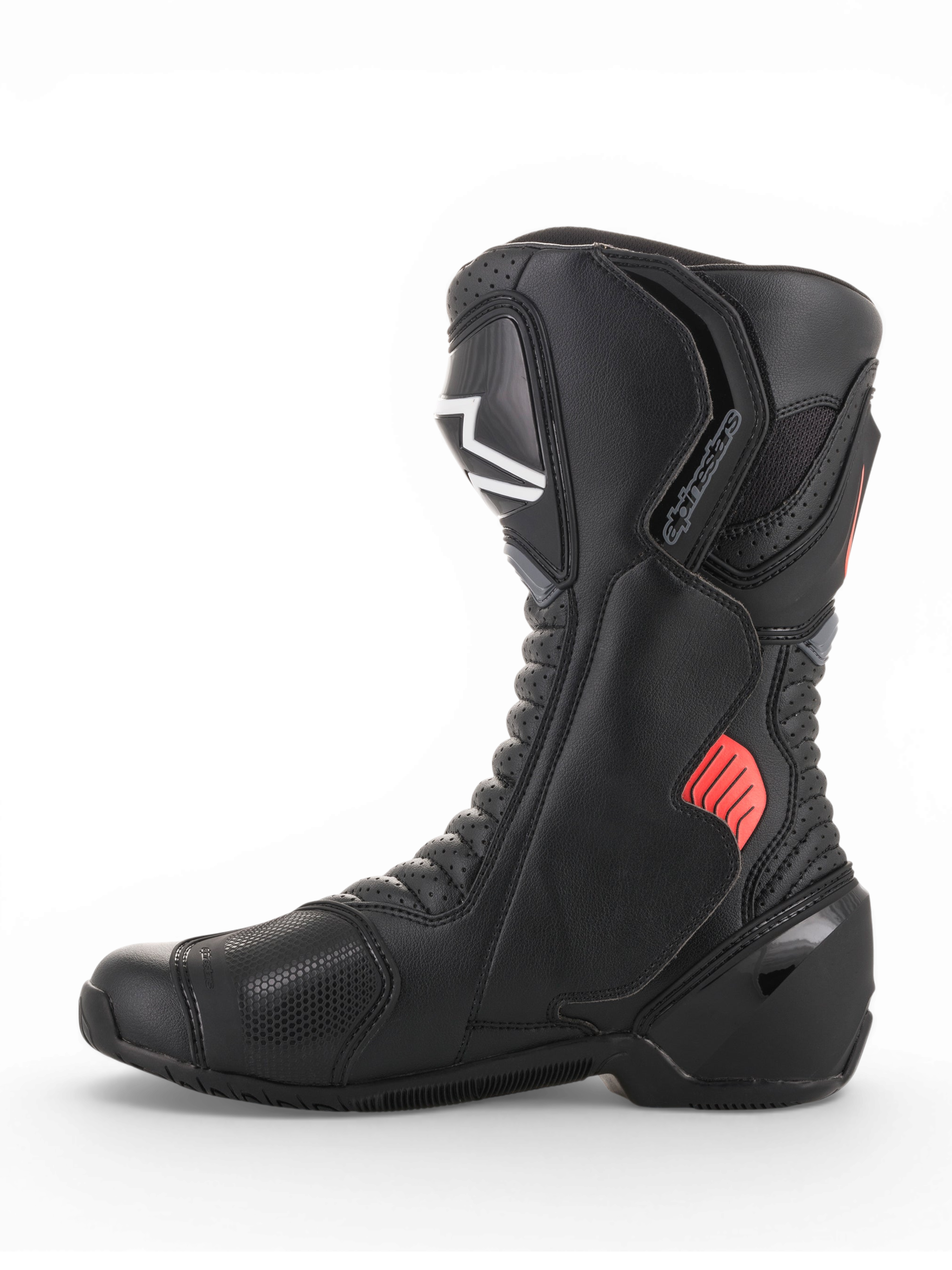 Alpinestars SMX-6 V2 Ventilées, bottes racing de moto noires avec détails gris et rouges fluorescents, panneaux en mesh respirant et protections de cheville et de tibia