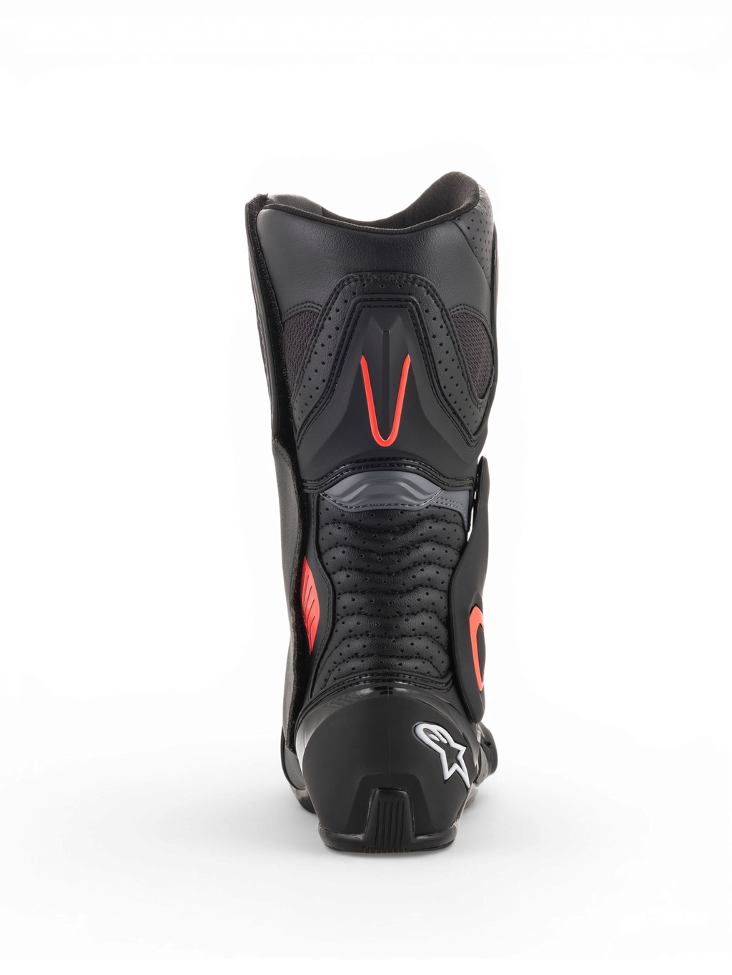 Alpinestars Bottes SMX-6 V2 Ventilées, bottes racing pour homme noires et grises avec accents rouges fluorescents, vue arrière montrant les panneaux de ventilation perforés et le talon protecteur