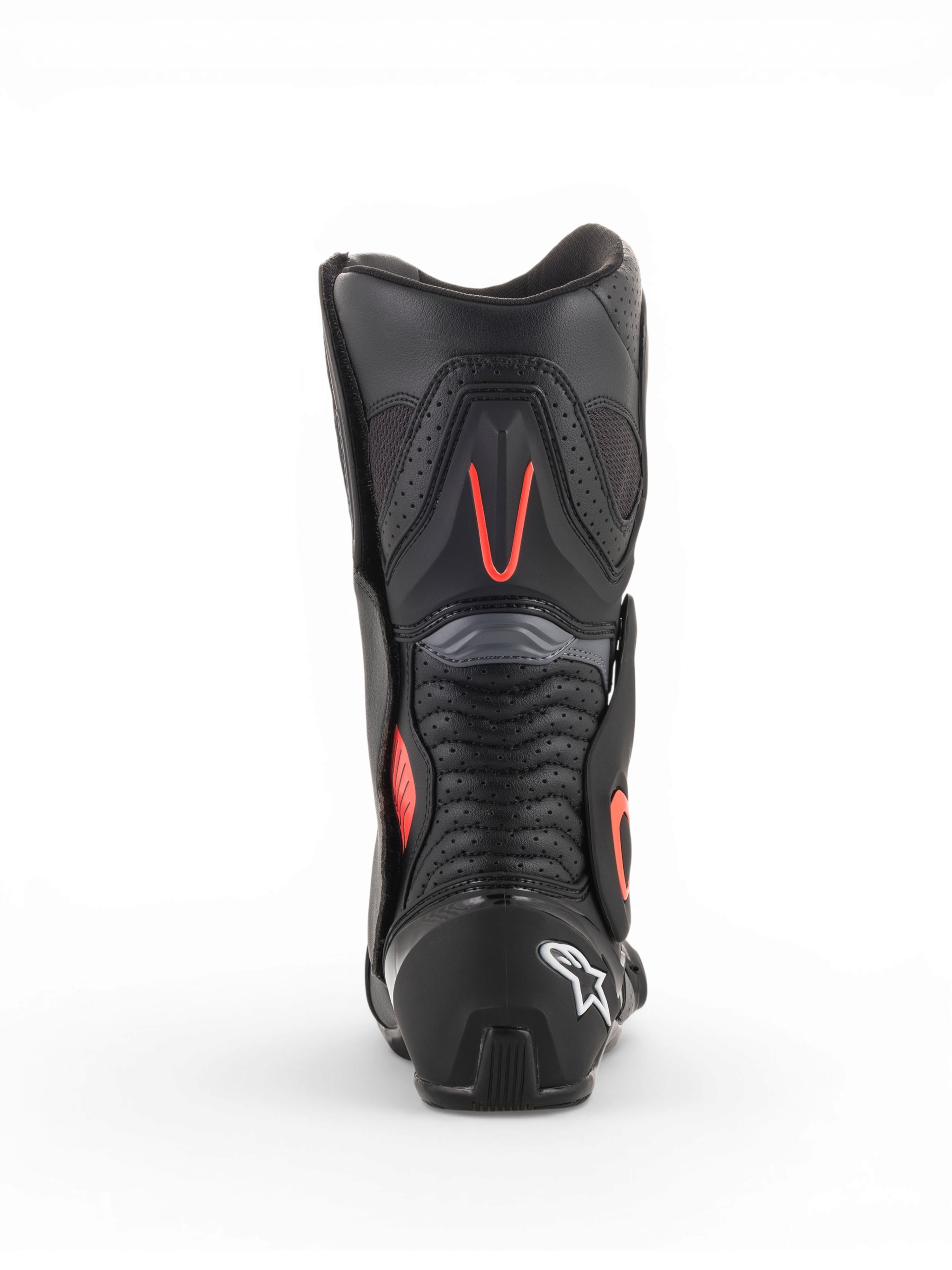 Alpinestars Bottes SMX-6 V2 Ventilées, bottes racing pour homme noires et grises avec accents rouges fluorescents, vue arrière montrant les panneaux de ventilation perforés et le talon protecteur