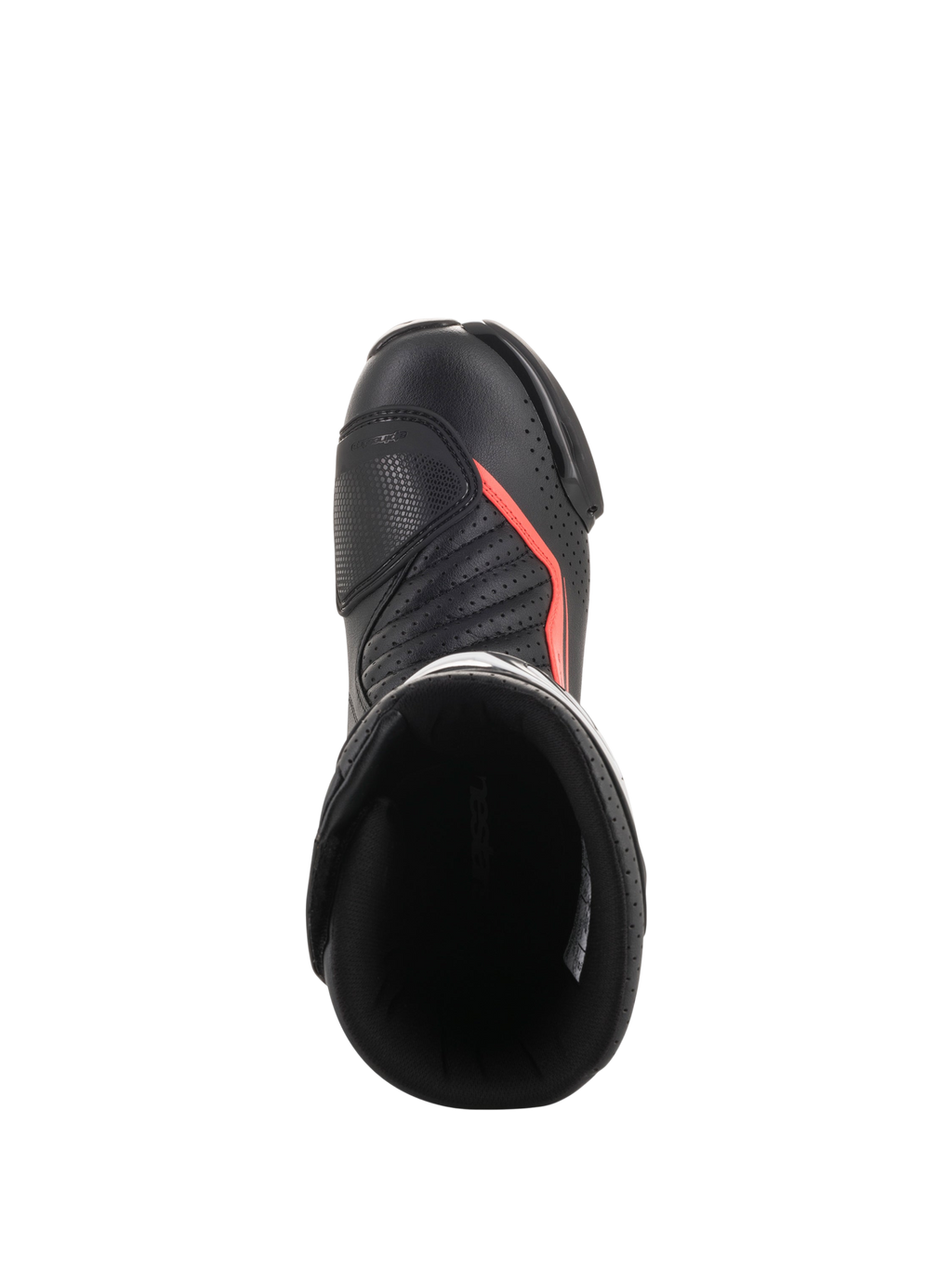 Alpinestars Bottes SMX-6 V2 Ventilées, bottes racing de moto noires avec détails rouges fluorescents, vue de dessus montrant la tige perforée, la protection de la cheville et l’ouverture de la botte