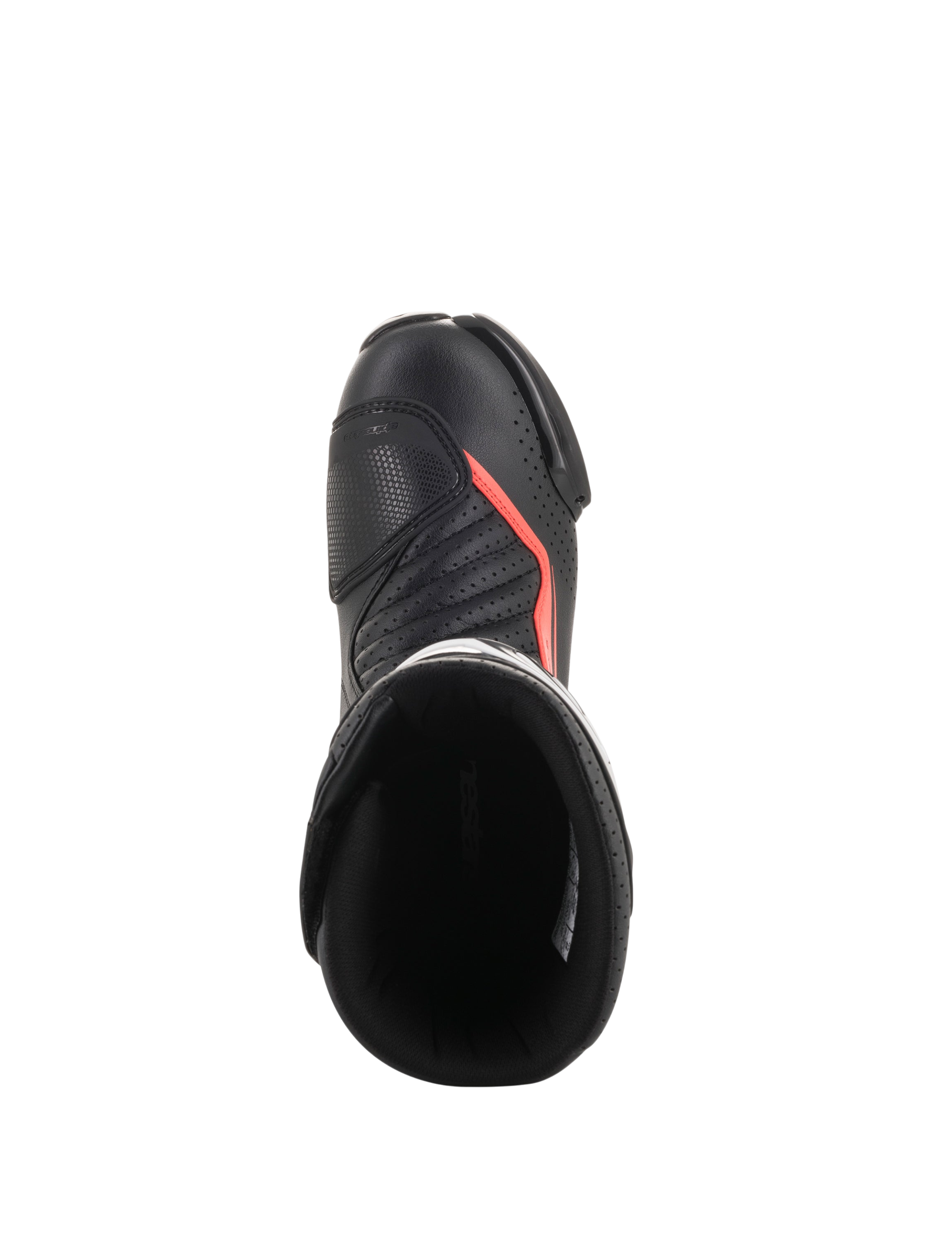 Alpinestars Bottes SMX-6 V2 Ventilées, bottes racing de moto noires avec détails rouges fluorescents, vue de dessus montrant la tige perforée, la protection de la cheville et l’ouverture de la botte
