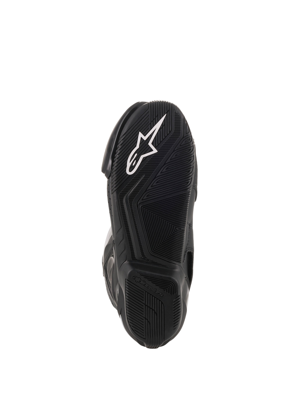 Alpinestars SMX-6 V2 Ventilées, bottes racing noires, vue rapprochée de la semelle extérieure en caoutchouc texturée avec logo Alpinestars blanc