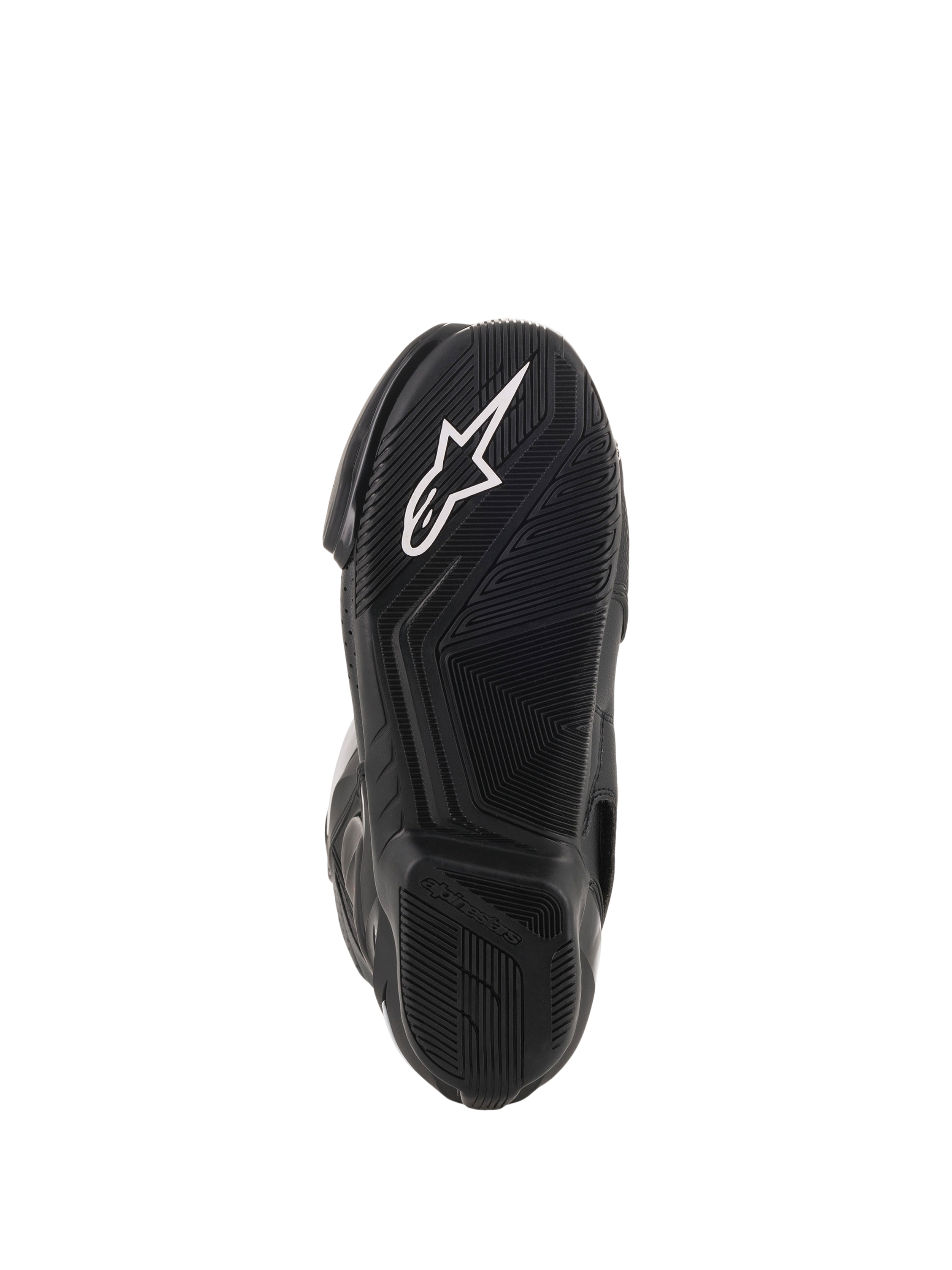 Alpinestars SMX-6 V2 Ventilées, bottes racing noires, vue rapprochée de la semelle extérieure en caoutchouc texturée avec logo Alpinestars blanc