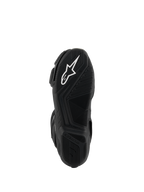 Alpinestars SMX-6 V3 Boots, Black, Bottom view of the lightweight rubber sole, featuring a textured grip pattern, white Astar logo, and embossed Alpinestars branding on the heel.