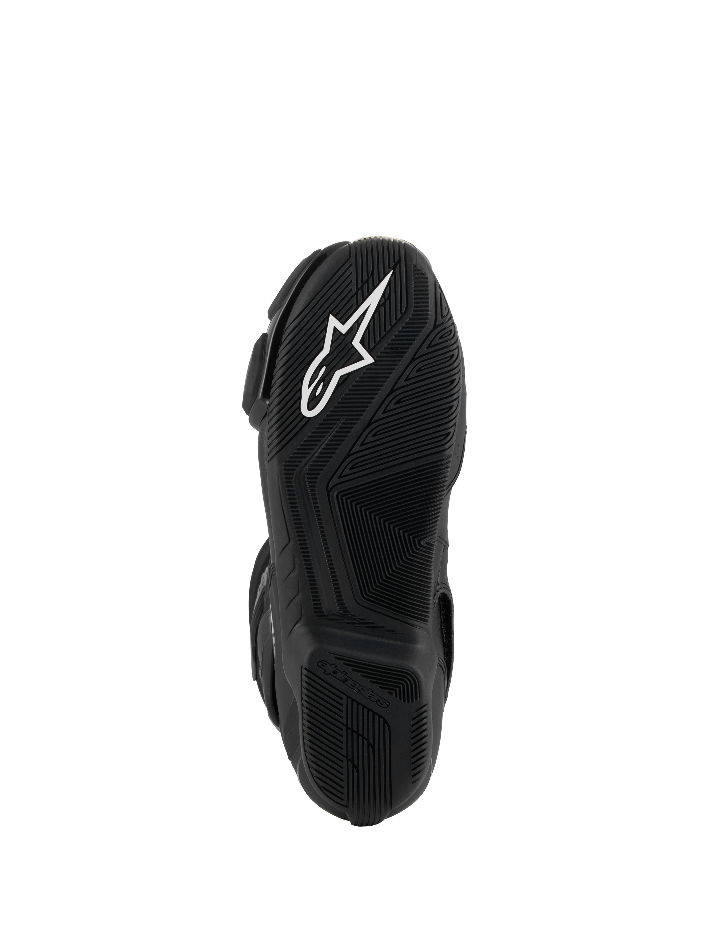 Alpinestars SMX-6 V3 Boots, Black, Bottom view of the lightweight rubber sole, featuring a textured grip pattern, white Astar logo, and embossed Alpinestars branding on the heel.