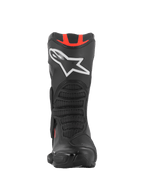 Alpinestars SMX-6 V3 Boots, Performance Motorcycle Boots, Black and Red Fluo, front view featuring a large white star logo on the shin, red accents at the top, and textured protective flex zones.