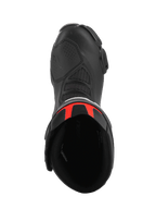 Alpinestars SMX-6 V3 Boots, Performance Riding Boots, Black and Red Fluo, top-down view looking into the boot opening, featuring black microfiber construction with bright red accents on the rear cuff, designed for track and street performance