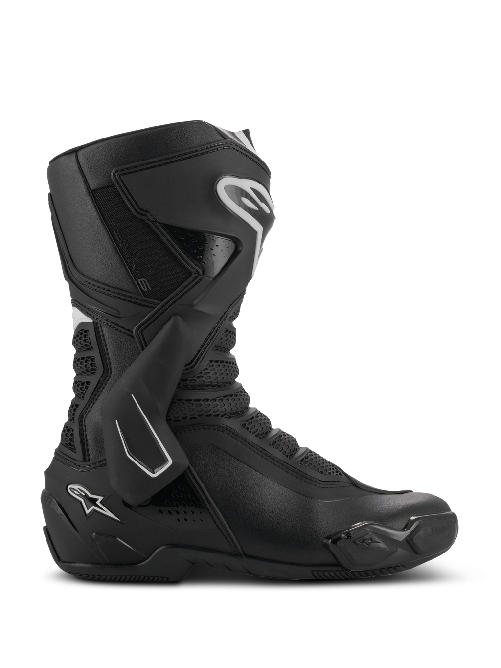 Bottes Alpinestars SMX-6 V3, bottes de moto de performance, noires avec accents blancs, vue de profil latéral présentant un système de protection de cheville en TPU, des zones de flexion en mesh texturé et des composants renforcés au talon et aux orteils pour une performance sur piste et sur route.