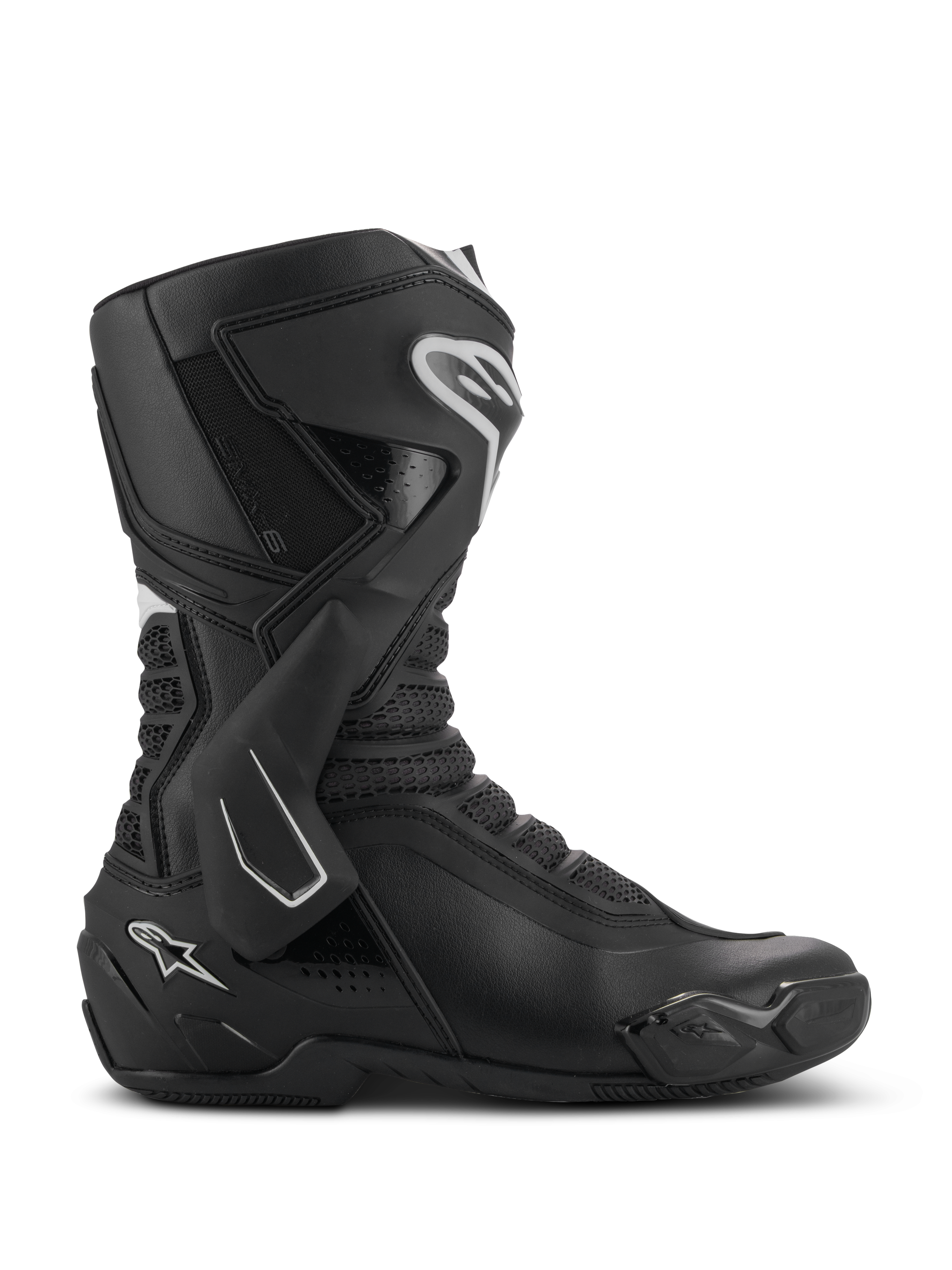 Bottes Alpinestars SMX-6 V3, bottes de moto de performance, noires avec accents blancs, vue de profil latéral présentant un système de protection de cheville en TPU, des zones de flexion en mesh texturé et des composants renforcés au talon et aux orteils pour une performance sur piste et sur route.