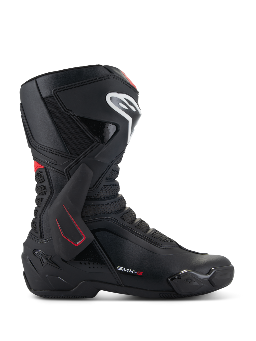 Bottes Alpinestars SMX-6 V3, bottes de moto de course, noires avec accents blancs et rouges, vue latérale présentant l'attelle de cheville en TPU, logo de tibia blanc et zones de flexion en mesh texturé, design aérodynamique sportif