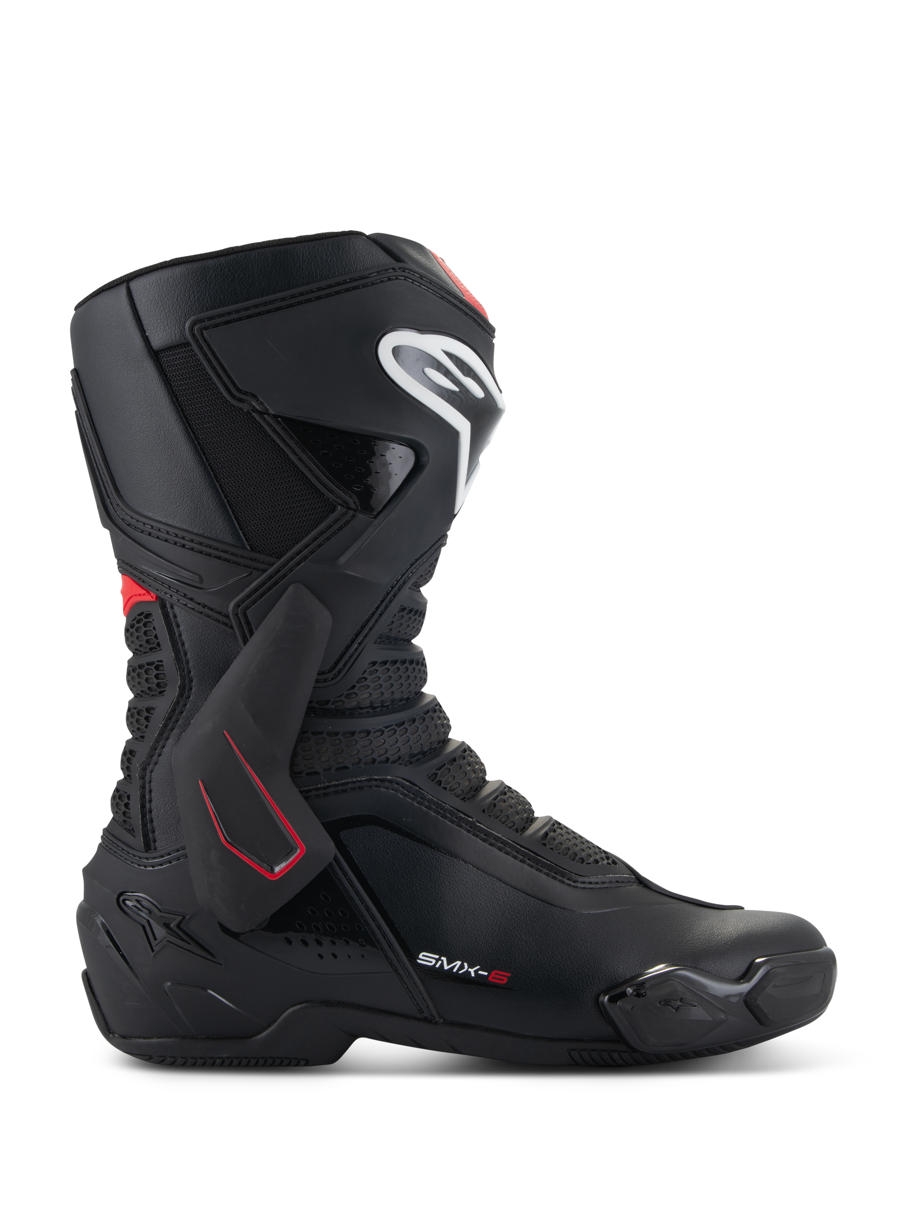 Alpinestars SMX-6 V3 Boots, Motorcycle Racing Boots, Black with White and Red accents, lateral side view featuring TPU ankle brace, white shin logo, and textured mesh flex zones, sporty aerodynamic design