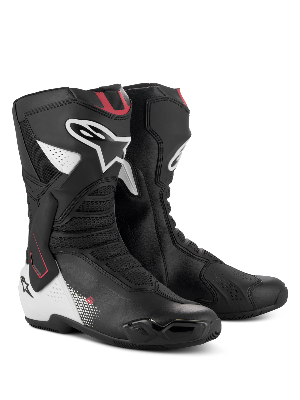 Bottes Alpinestars SMX-6 V3, bottes de moto haute performance, graphisme noir, blanc et rouge, dotées d'une tige en microfibre avancée, d'un système de protection de cheville en TPU, de zones de flexion en mesh et du logo Alpinestars sur le mollet et le talon.