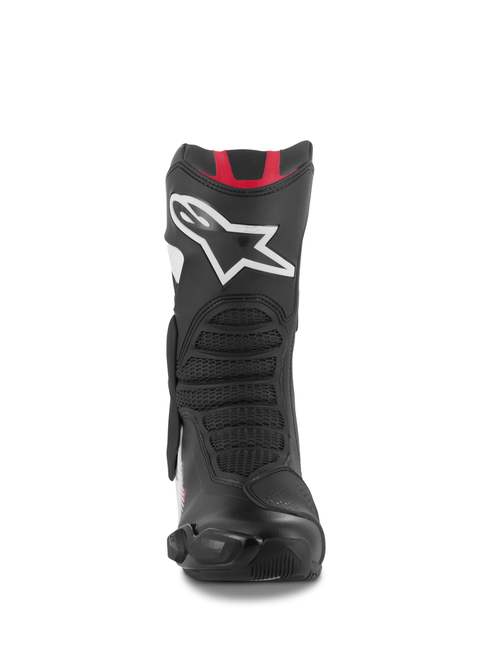Bottes Alpinestars SMX-6 V3, bottes de moto de performance, graphisme noir, blanc et rouge, vue de face avec un grand logo Astar blanc sur le tibia, accents rouges en haut et zones de flexion texturées en mesh pour le pilotage sur piste et sur route.
