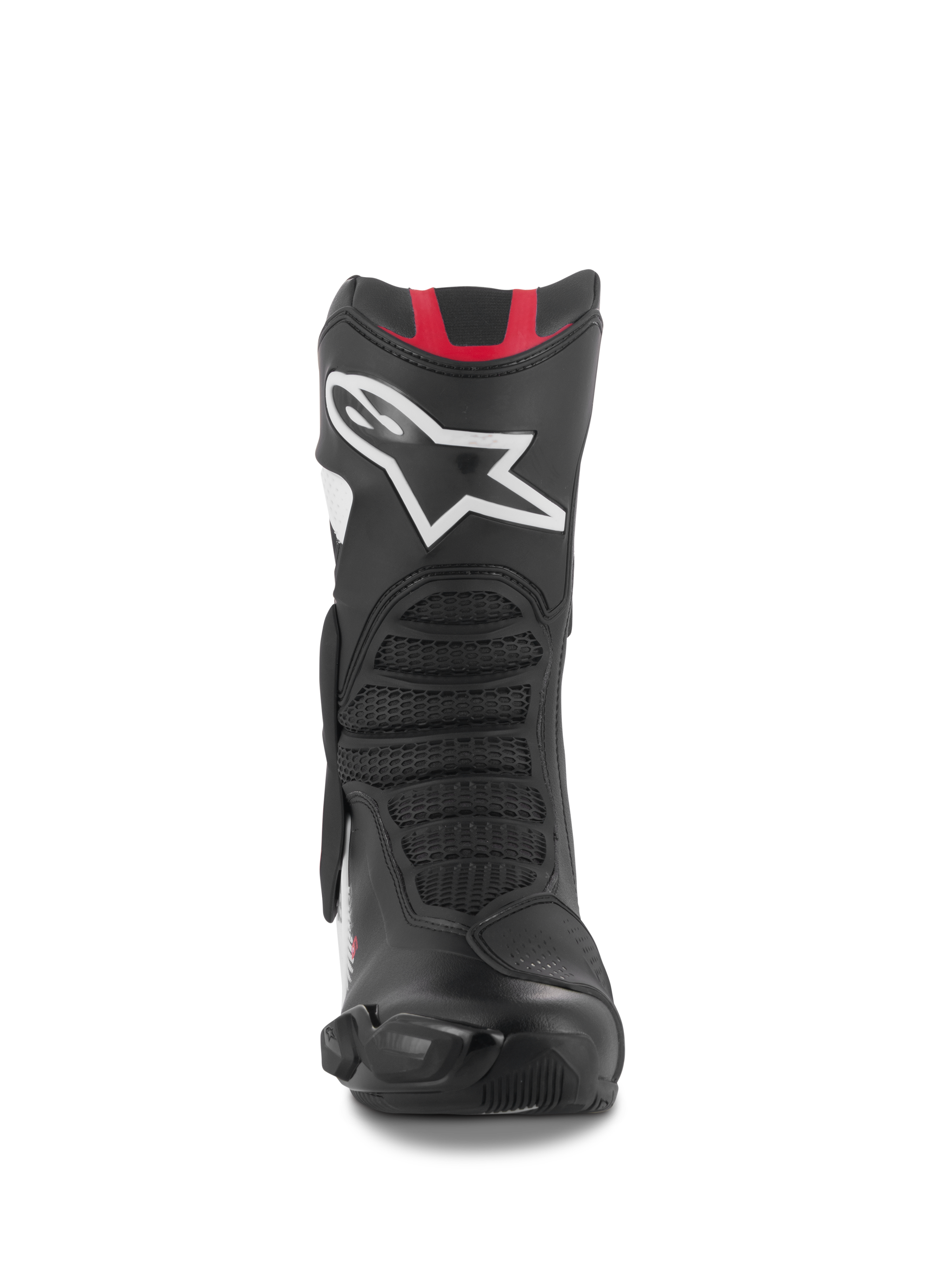 Bottes Alpinestars SMX-6 V3, bottes de moto de performance, graphisme noir, blanc et rouge, vue de face avec un grand logo Astar blanc sur le tibia, accents rouges en haut et zones de flexion texturées en mesh pour le pilotage sur piste et sur route.