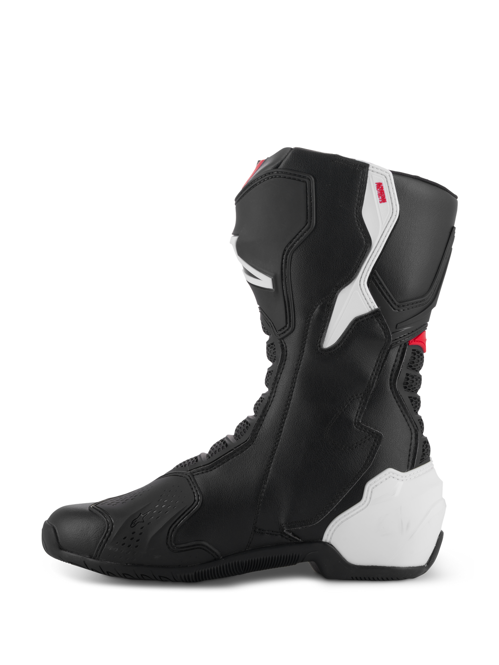 Bottes Alpinestars SMX-6 V3, bottes de moto de performance, graphisme noir, blanc et rouge, vue latérale médiane, construction en microfibre noire avec panneaux de protection en TPU blanc sur le talon et le mollet, accents rouges et zones en accordéon flexibles pour une mobilité et une protection accrues.