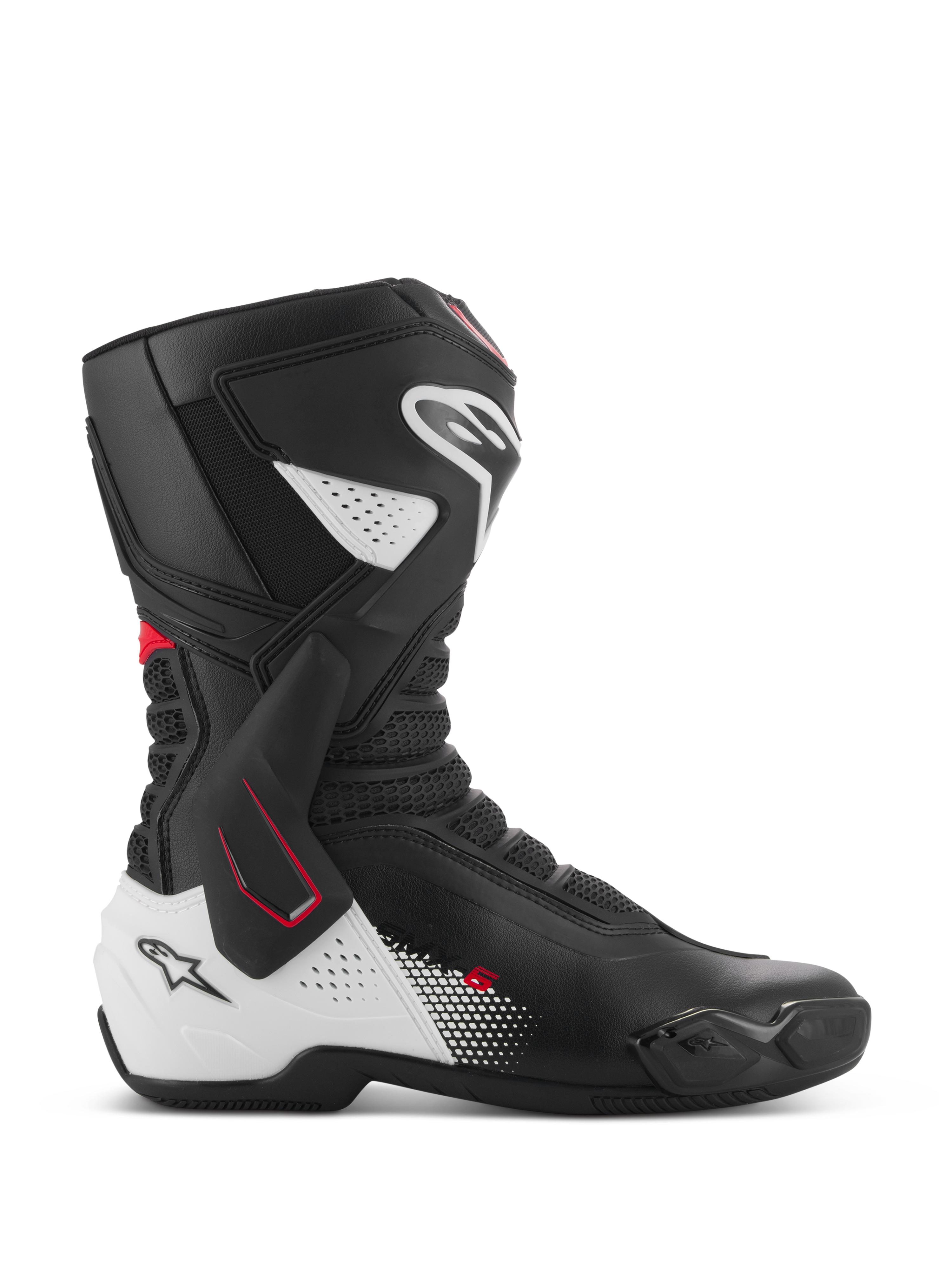 Bottes Alpinestars SMX-6 V3, bottes de moto de course haute performance, noir, blanc et rouge, profil latéral avec renfort de cheville latéral en TPU, protections renforcées du tibia et du talon, zones de flexion en mesh perforé et curseurs d'orteils remplaçables pour la conduite sur piste et sur route.