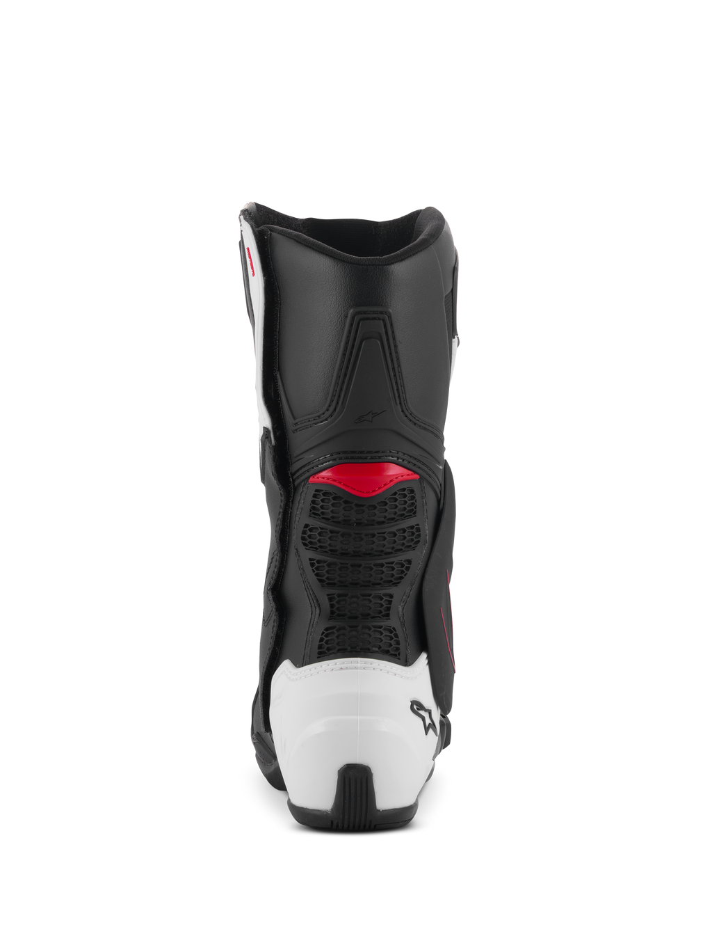 Bottes Alpinestars SMX-6 V3, bottes de moto de performance, graphisme noir, blanc et rouge, vue arrière avec contrefort de talon en TPU blanc et accents rouges, conçues pour la performance sur piste et sur route