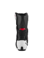 Bottes Alpinestars SMX-6 V3, bottes de moto de performance, graphisme noir, blanc et rouge, vue arrière avec contrefort de talon en TPU blanc et accents rouges, conçues pour la performance sur piste et sur route