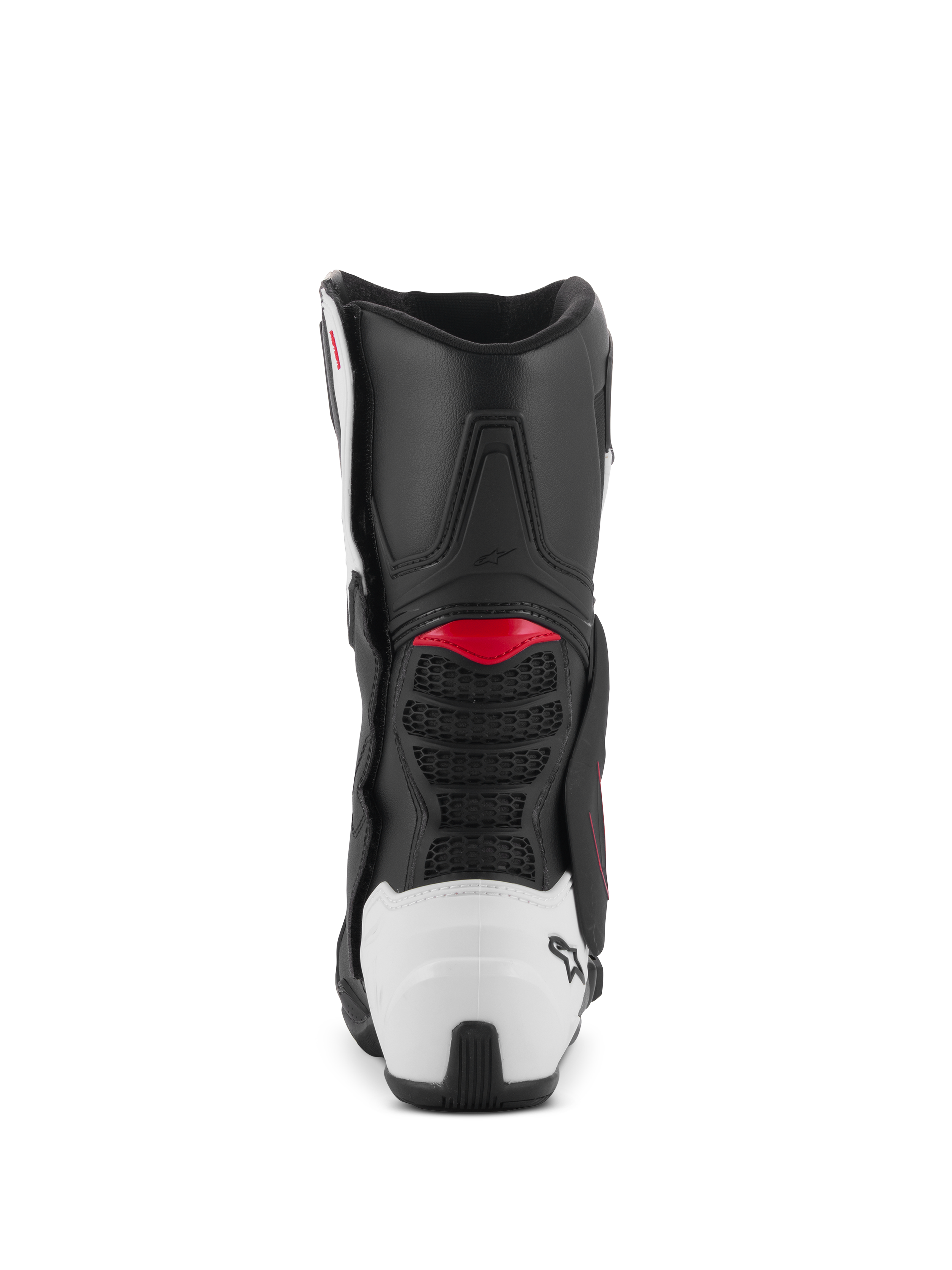 Bottes Alpinestars SMX-6 V3, bottes de moto de performance, graphisme noir, blanc et rouge, vue arrière avec contrefort de talon en TPU blanc et accents rouges, conçues pour la performance sur piste et sur route