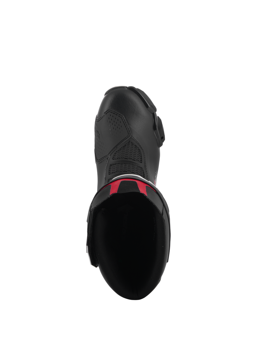 Bottes Alpinestars SMX-6 V3, bottes de moto de performance, noir avec accents rouges, vue de dessus montrant l'ouverture intérieure et la tige supérieure en microfibre, design ergonomique pour la course moto