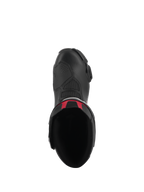 Bottes Alpinestars SMX-6 V3, bottes de moto de performance, noir avec accents rouges, vue de dessus montrant l'ouverture intérieure et la tige supérieure en microfibre, design ergonomique pour la course moto