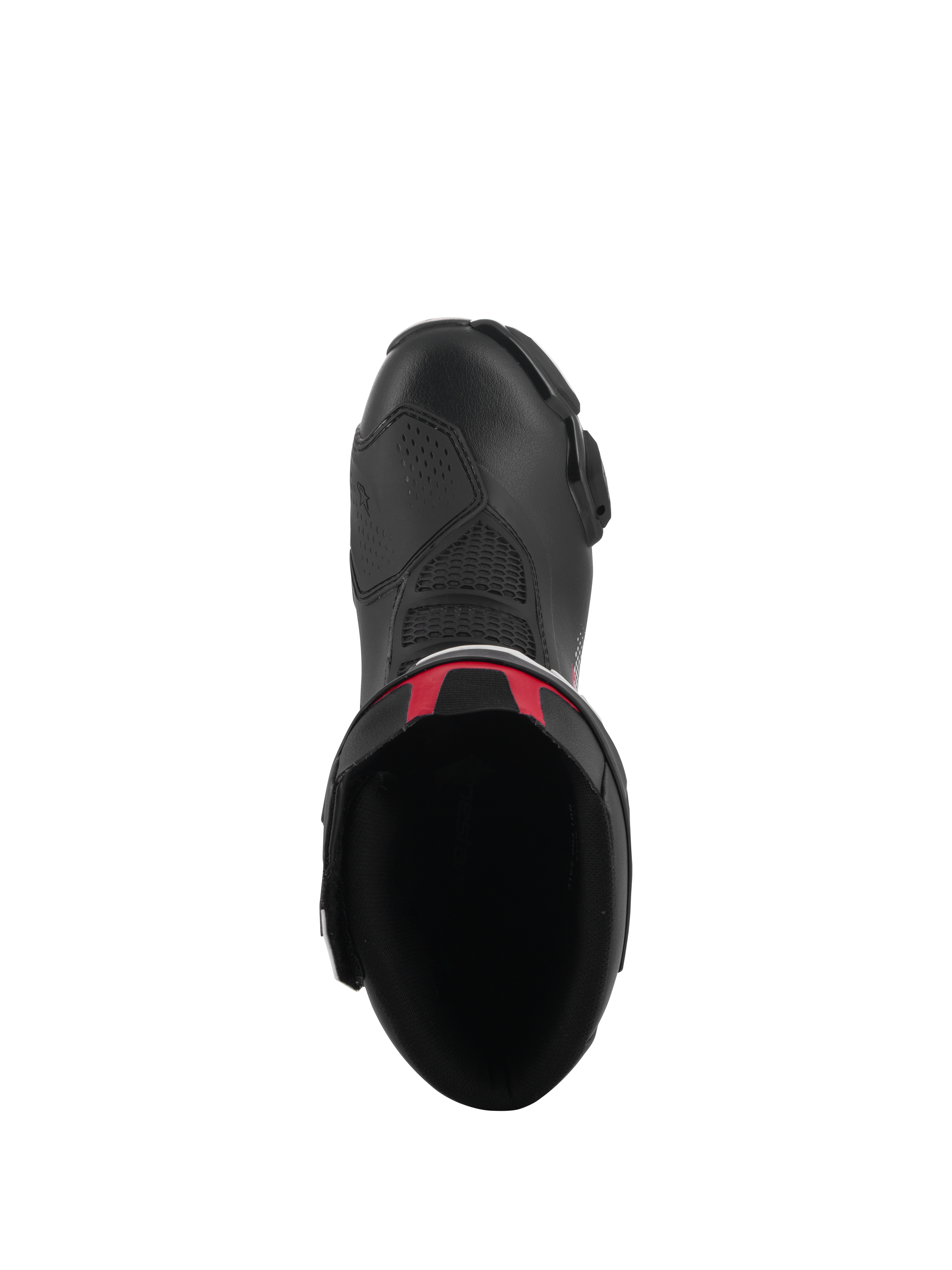 Bottes Alpinestars SMX-6 V3, bottes de moto de performance, noir avec accents rouges, vue de dessus montrant l'ouverture intérieure et la tige supérieure en microfibre, design ergonomique pour la course moto