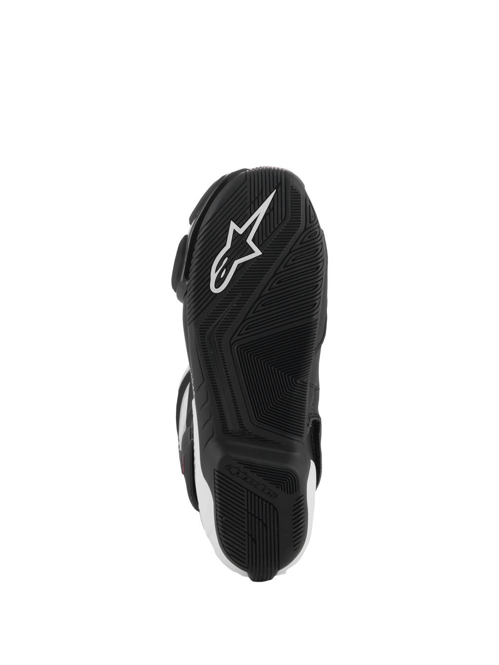 Bottes Alpinestars SMX-6 V3, vue de dessous de la semelle, caoutchouc noir avec motif d'adhérence texturé, logo étoile Alpinestars blanc, chaussures de moto de performance