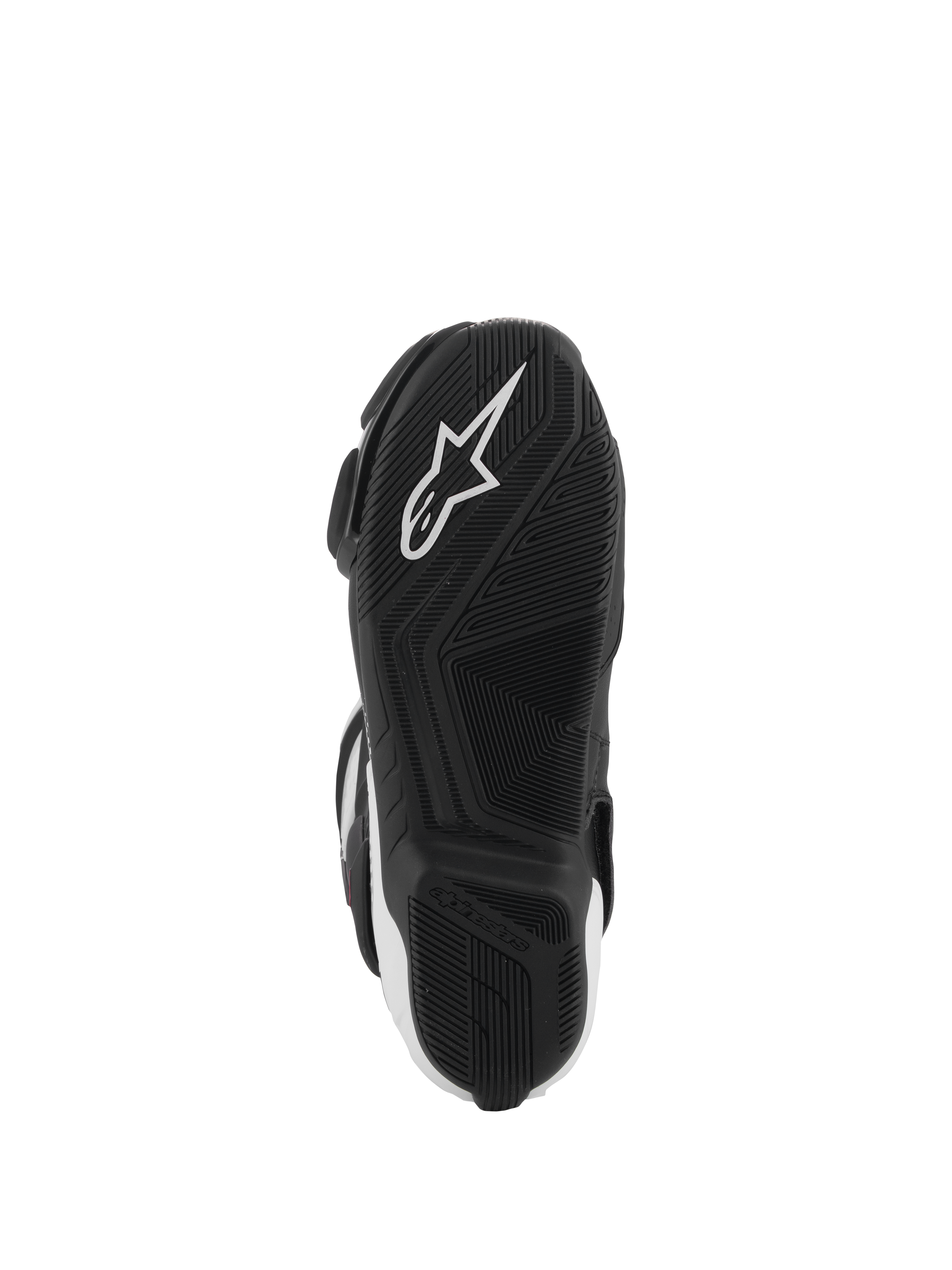 Bottes Alpinestars SMX-6 V3, vue de dessous de la semelle, caoutchouc noir avec motif d'adhérence texturé, logo étoile Alpinestars blanc, chaussures de moto de performance