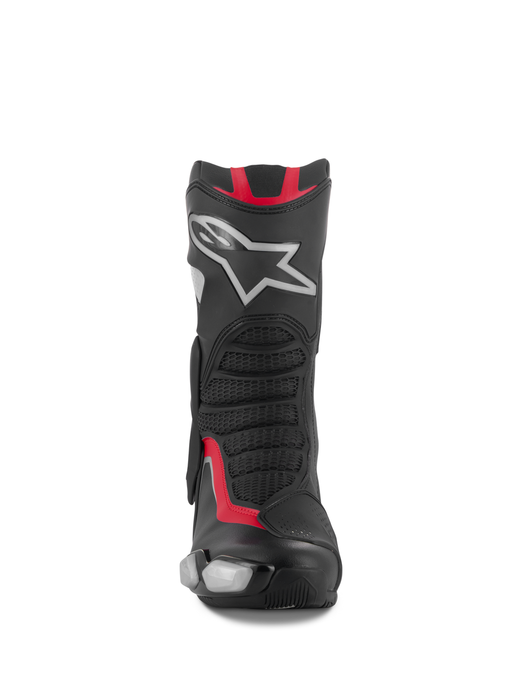Bottes Alpinestars SMX-6 V3, bottes de course et de sport moto, noir, argent et rouge, vue de face avec plaque de protection du tibia en TPU dotée du logo étoile argenté, panneaux de flexion en mesh et construction en microfibre haute performance