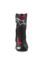 Bottes Alpinestars SMX-6 V3, bottes de course et de sport moto, noir, argent et rouge, vue de face avec plaque de protection du tibia en TPU dotée du logo étoile argenté, panneaux de flexion en mesh et construction en microfibre haute performance