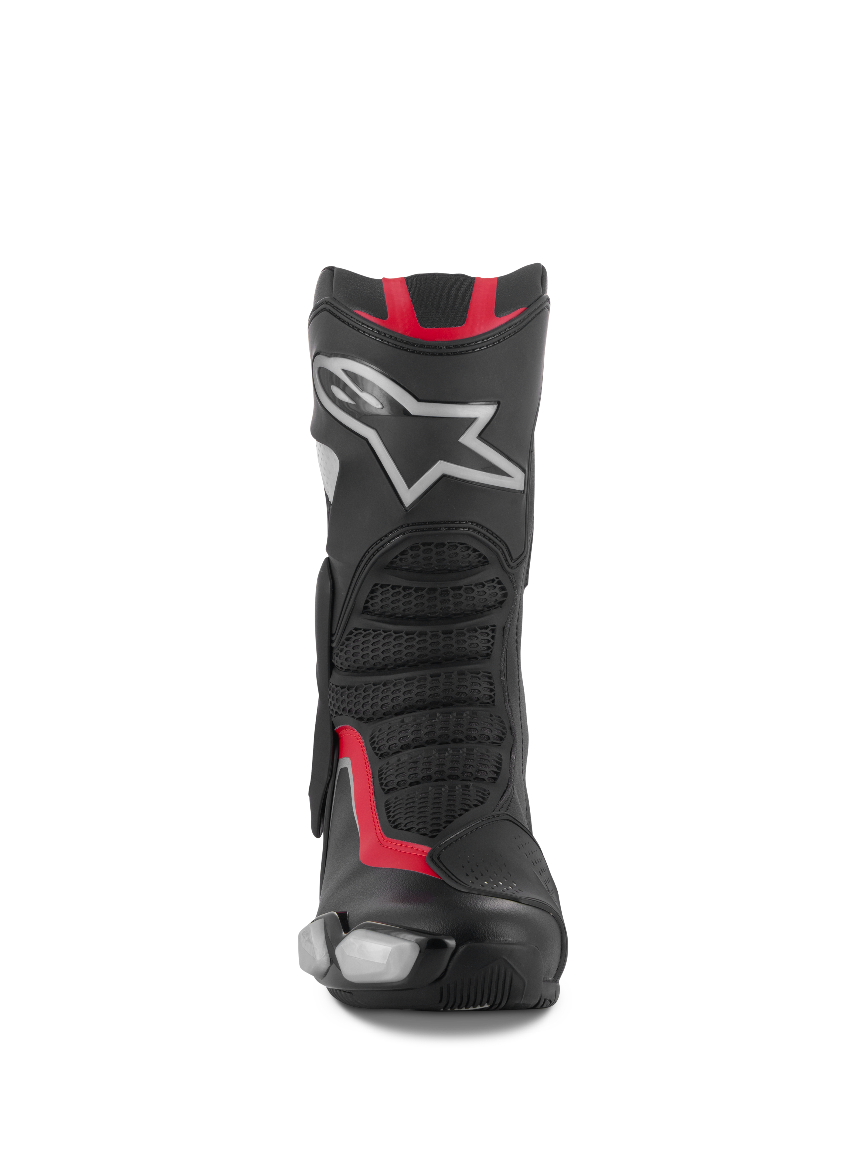 Bottes Alpinestars SMX-6 V3, bottes de course et de sport moto, noir, argent et rouge, vue de face avec plaque de protection du tibia en TPU dotée du logo étoile argenté, panneaux de flexion en mesh et construction en microfibre haute performance