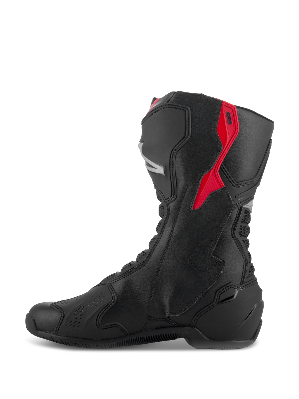 Bottes Alpinestars SMX-6 V3, bottes de moto haute performance, noires avec des accents rouges et argentés, vue de profil montrant la construction en microfibre et les panneaux de protection en TPU, design dérivé de la course pour la piste et la route