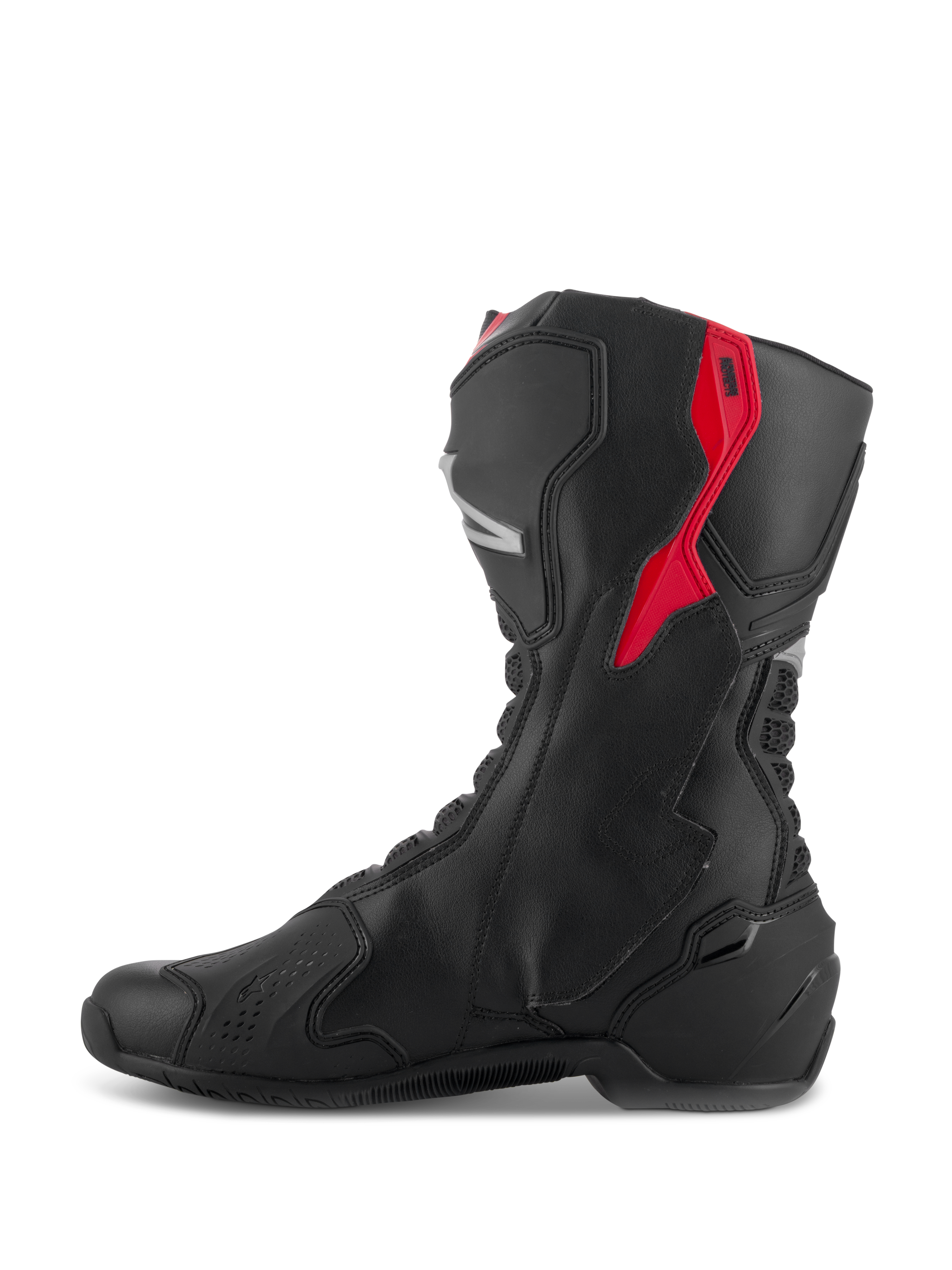 Bottes Alpinestars SMX-6 V3, bottes de moto haute performance, noires avec des accents rouges et argentés, vue de profil montrant la construction en microfibre et les panneaux de protection en TPU, design dérivé de la course pour la piste et la route