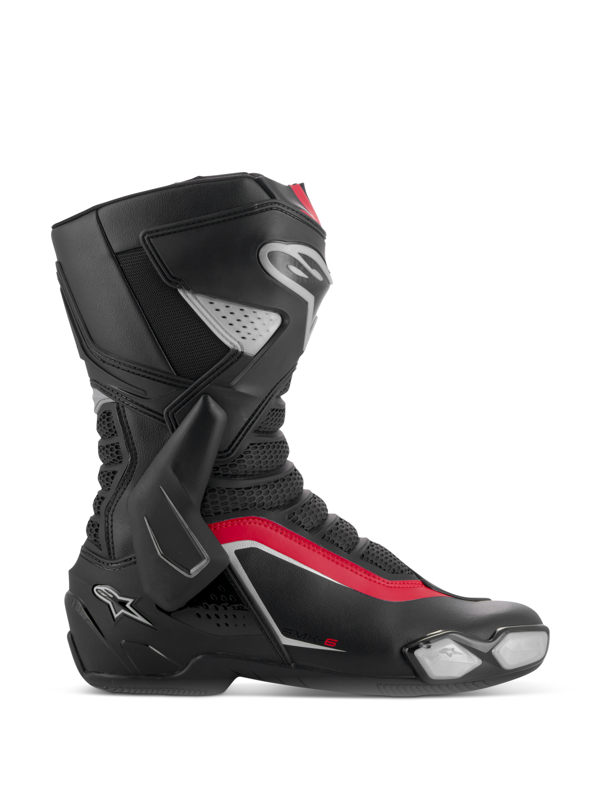 Alpinestars SMX-6 V3 Boots, Motorcycle Racing Boots, Black Silver and Red, side profile view showing TPU lateral ankle brace, replaceable toe slider, and mesh flex zones for track and street performance.
