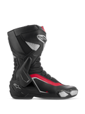 Bottes Alpinestars SMX-6 V3, bottes de course moto, noir, argent et rouge, vue de profil montrant la protection latérale de cheville en TPU, le slider d'orteil remplaçable et les zones de flexion en mesh pour la performance sur piste et sur route.