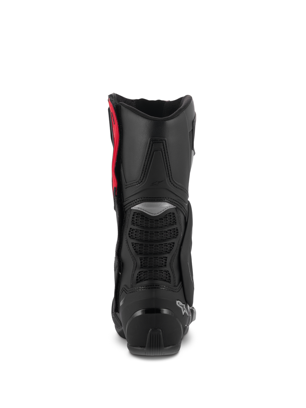 Bottes Alpinestars SMX-6 V3, bottes de moto de performance, noir argent rouge, vue arrière montrant la protection de mollet en TPU, les zones de flexion en mesh et le renfort de talon, chaussures de protection haute performance