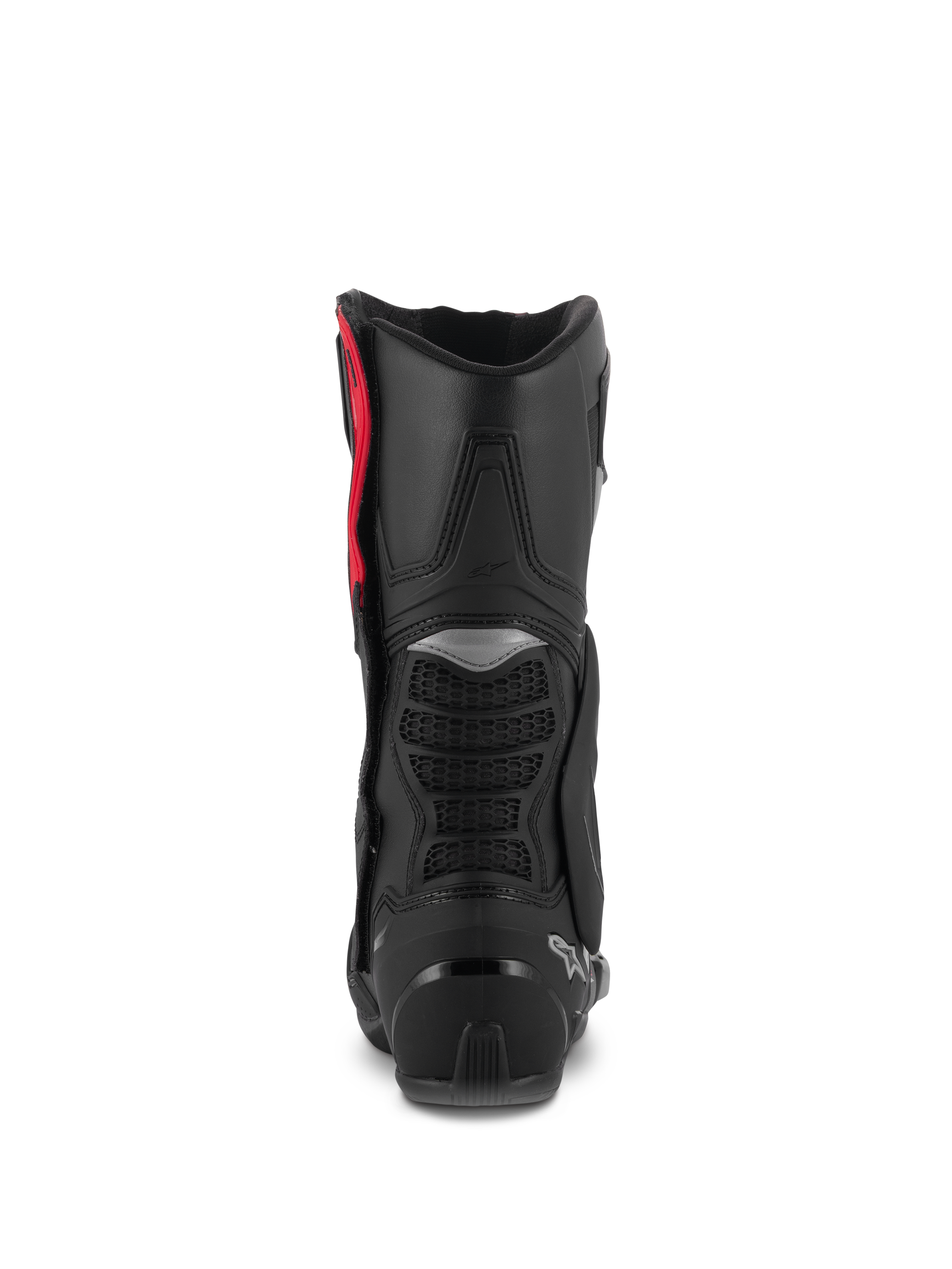Bottes Alpinestars SMX-6 V3, bottes de moto de performance, noir argent rouge, vue arrière montrant la protection de mollet en TPU, les zones de flexion en mesh et le renfort de talon, chaussures de protection haute performance