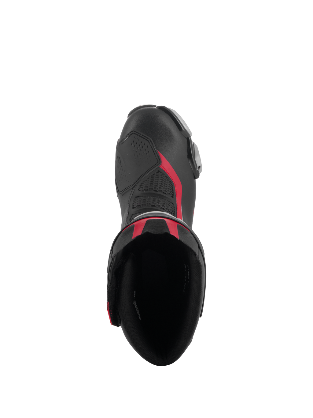 Vue de dessus des bottes Alpinestars SMX-6 V3 en Noir Argent Rouge, montrant l'ouverture, la construction en microfibre avec des accents rouges et la zone de sélecteur en TPU intégrée.