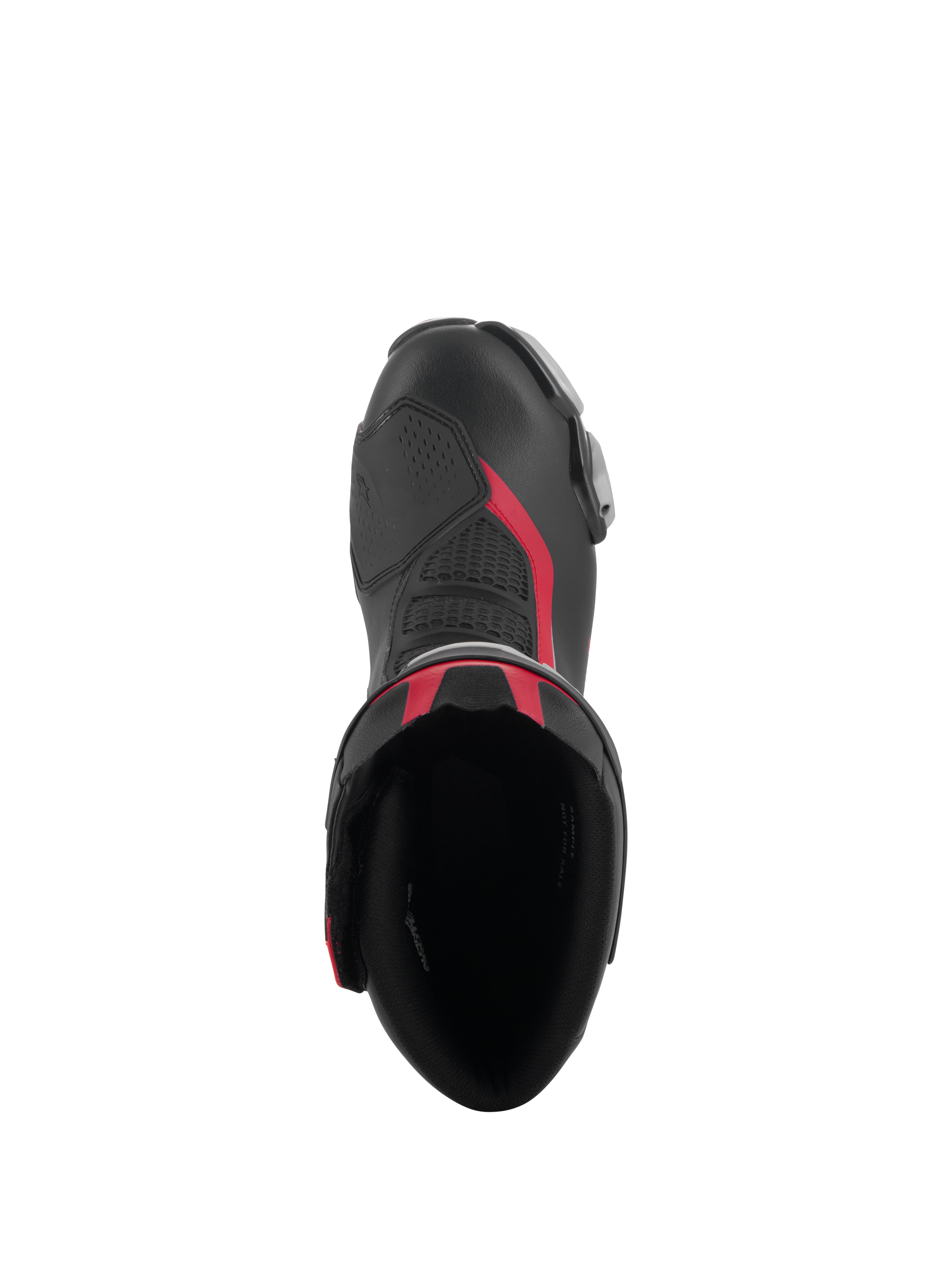 Vue de dessus des bottes Alpinestars SMX-6 V3 en Noir Argent Rouge, montrant l'ouverture, la construction en microfibre avec des accents rouges et la zone de sélecteur en TPU intégrée.