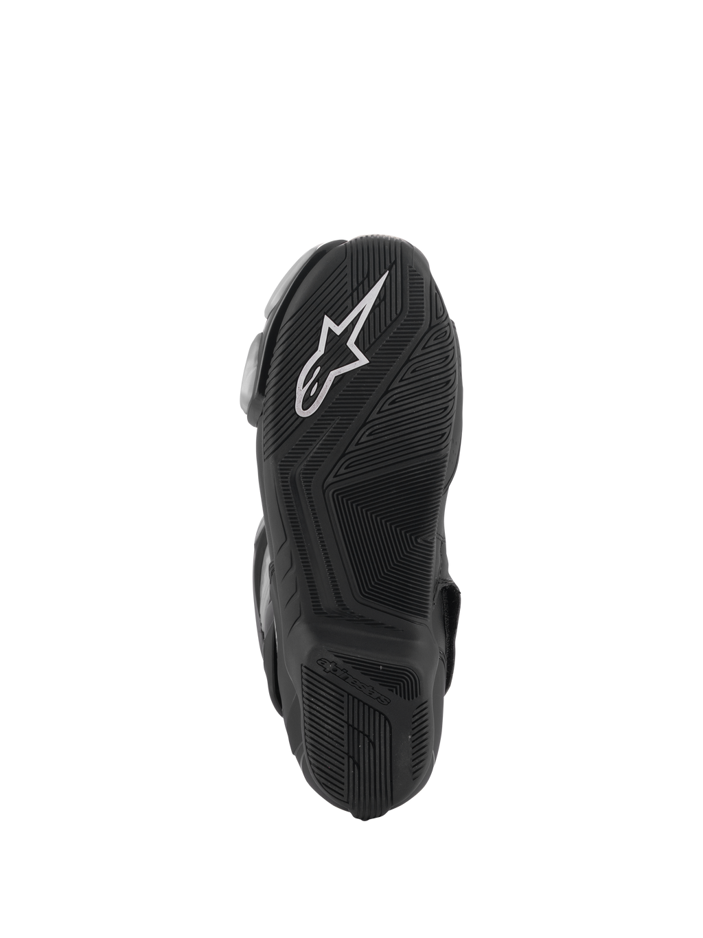 Bottes Alpinestars SMX-6 V3, noires, vue de la semelle extérieure avec surface en caoutchouc texturé pour l'adhérence, logo Alpinestars blanc sur le talon, marquage embossé, conçues pour la conduite de performance sur piste et sur route.