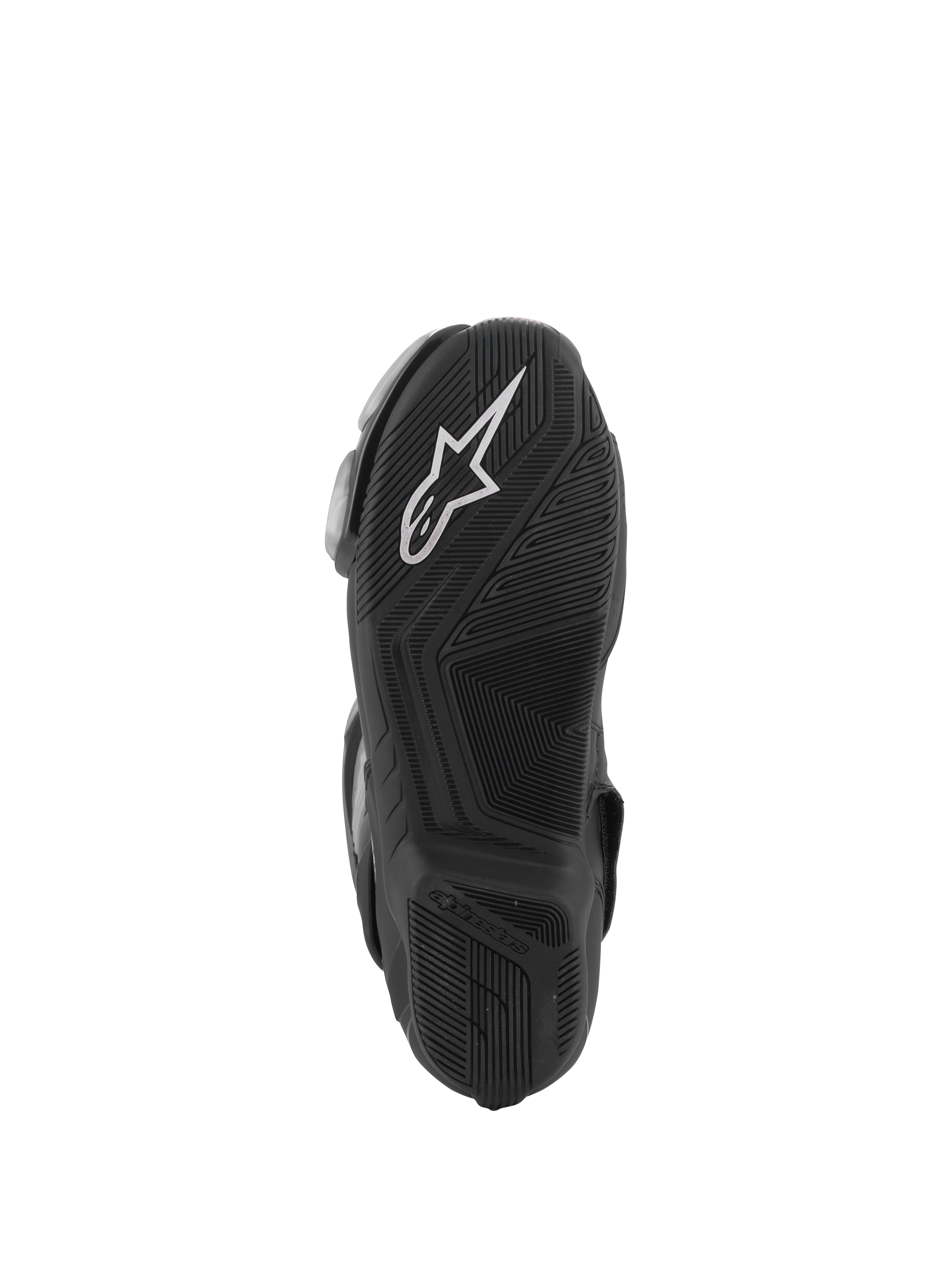 Bottes Alpinestars SMX-6 V3, noires, vue de la semelle extérieure avec surface en caoutchouc texturé pour l'adhérence, logo Alpinestars blanc sur le talon, marquage embossé, conçues pour la conduite de performance sur piste et sur route.